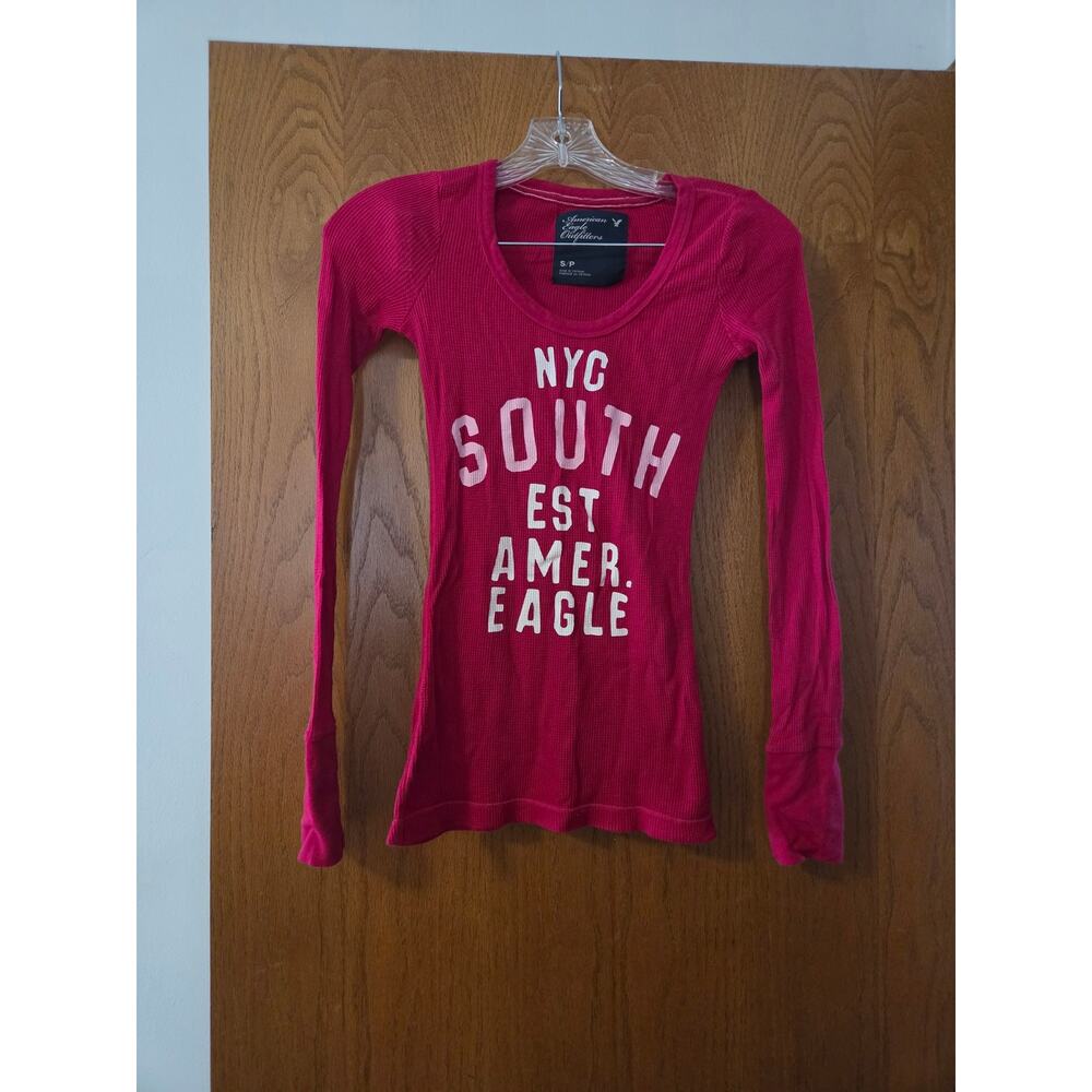 Vintage 2000s American Eagle Long Sleeve Pink Cotton Blend Waffle Y2K NYC TOP S